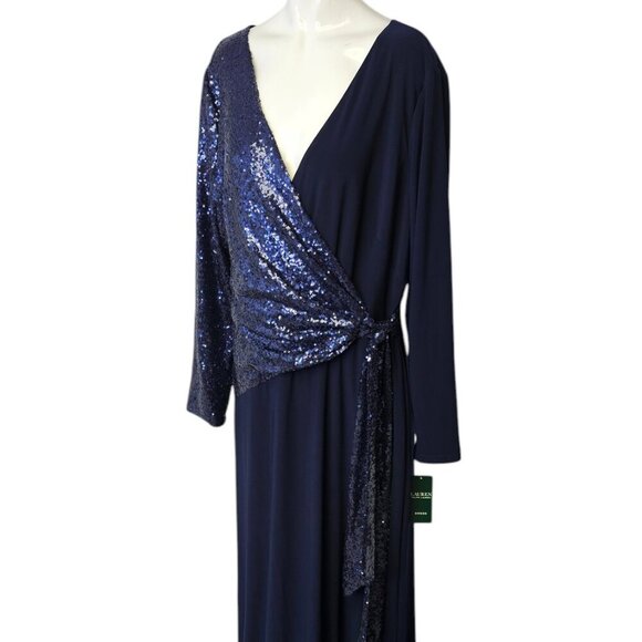 Lauren Ralph Lauren Womens Long Sleeve Sequin, Jersey Maxi Dress, Blue, Drape,14 - Picture 5 of 8